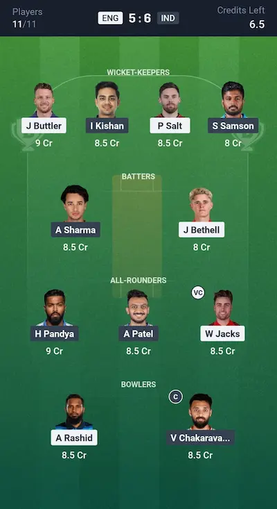 ENG vs IND Dream11 Grand League Team 8