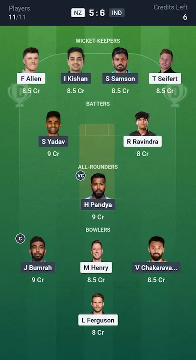 NZ vs IND Dream11 Grand League Team 1