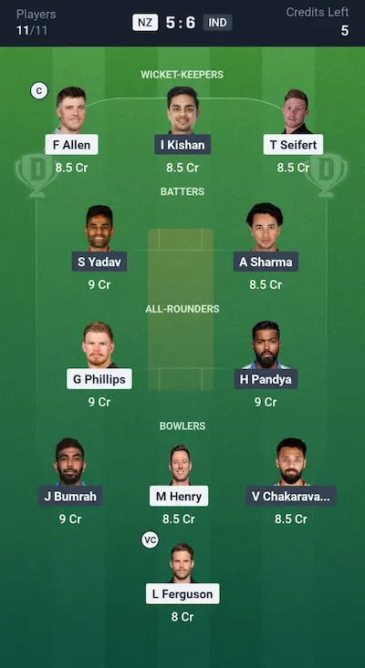 NZ vs IND Dream11 Grand League Team 2