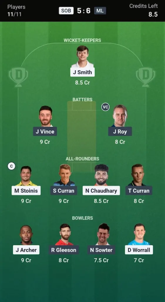 SOB vs ML Dream11 Grand League Team