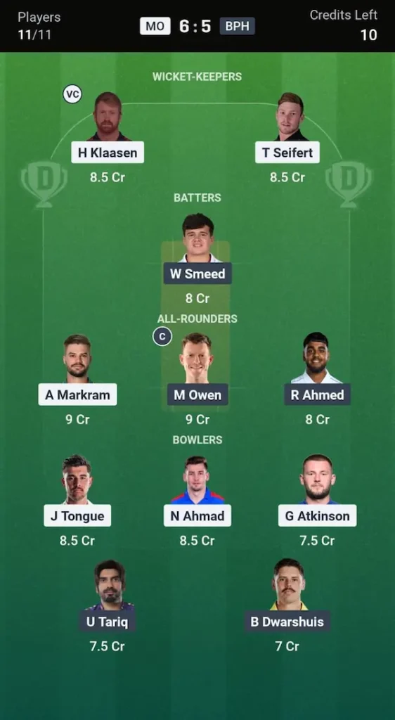 MO vs BPH Dream11 Prediction Today Match: Grand League Team