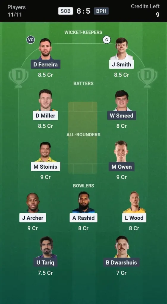 SOB vs BPH Dream11 Grand League Team