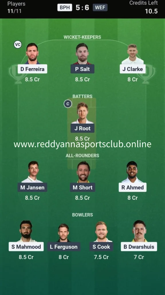 BPH vs WEF Dream11 Grand League Team
