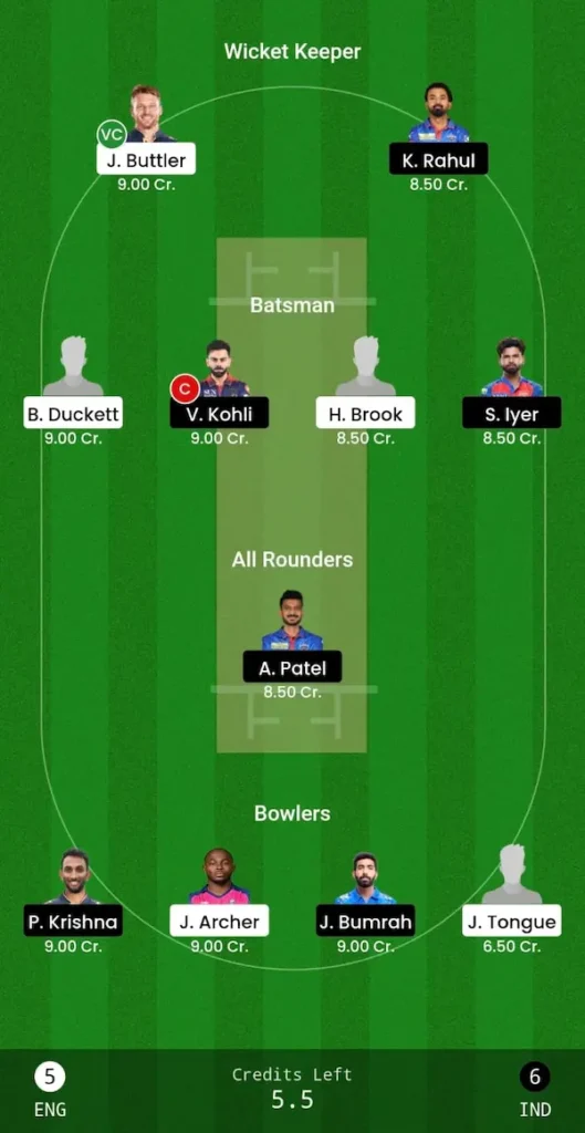 IND vs ENG Dream11 Grand League Team 2nd ODI