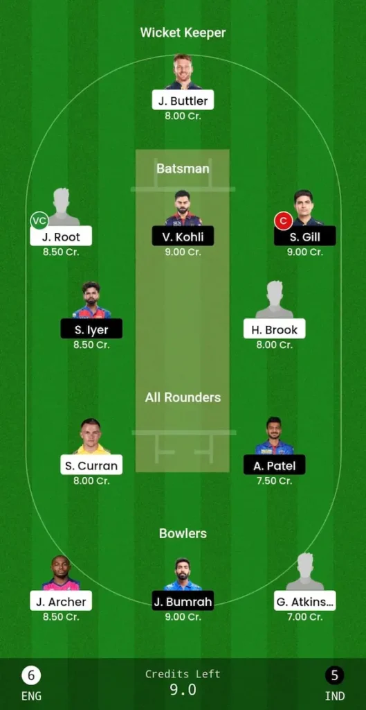 IND vs ENG Dream11 Small League Team 3rd ODI 19 July