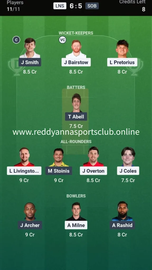 LNS vs SOB Dream11 Prediction Today Match: Grand League Team