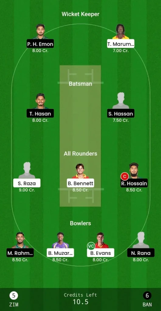 ZIM vs BAN Dream11 Grand League Team