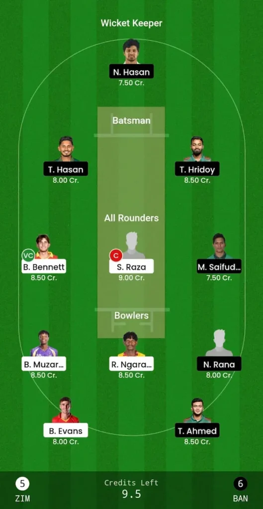 ZIM vs BAN Dream11 Prediction Today Match Small League Team 2nd T20I