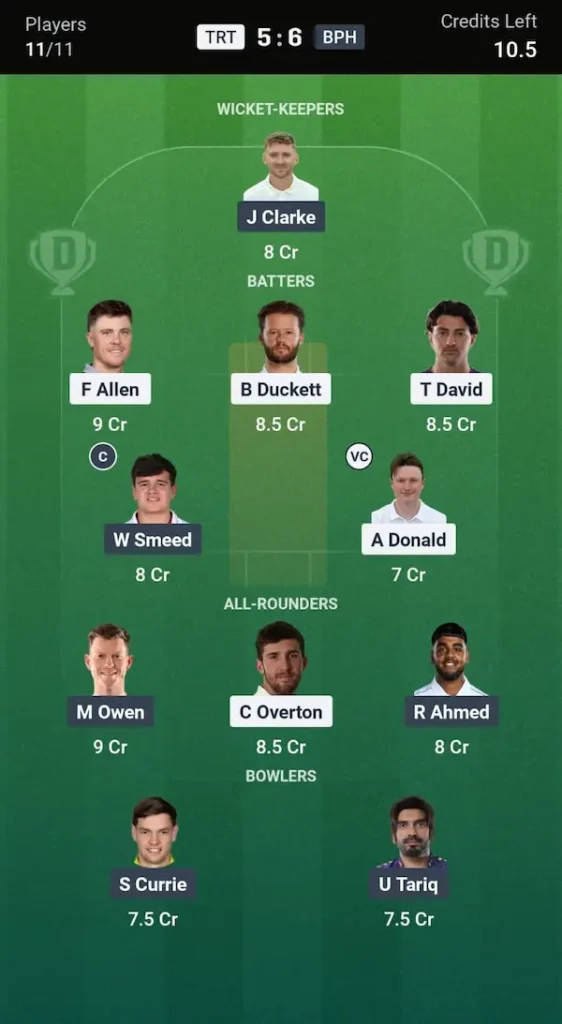 TRT vs BPH Dream11 Prediction Today Match Grand League Team