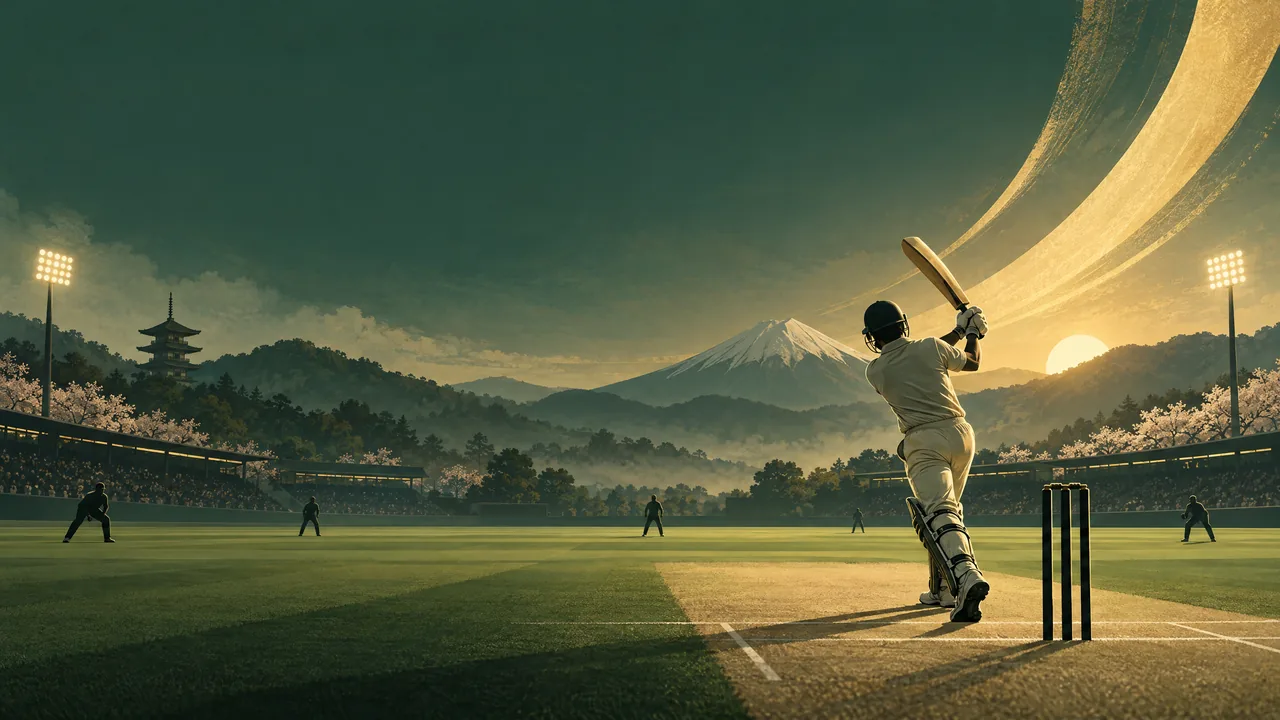 Illustration of a cricket pitch under lights with a batter and distant fielders