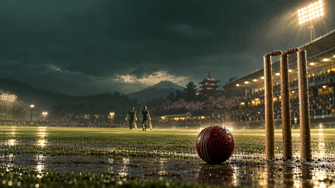 Illustration of cricket wickets and a damp outfield under stadium lights